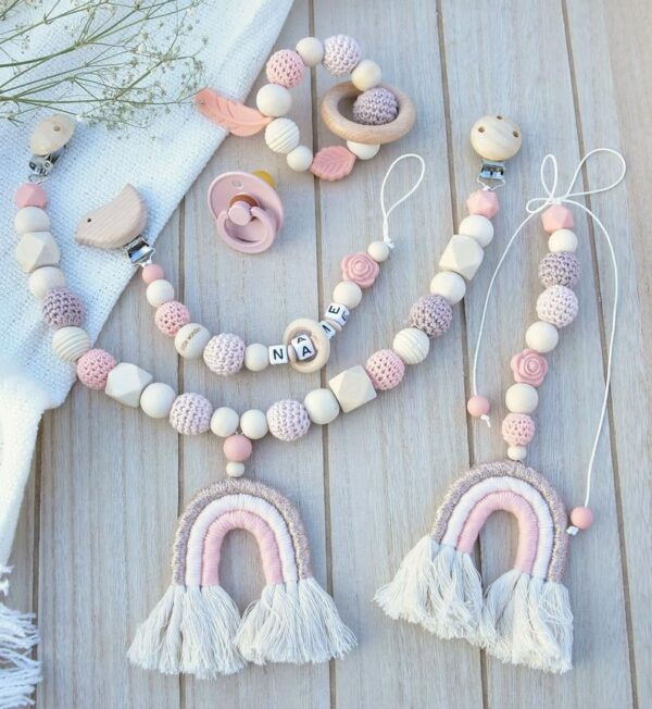 Personalized Pink Rainbow Stroller Chain Set